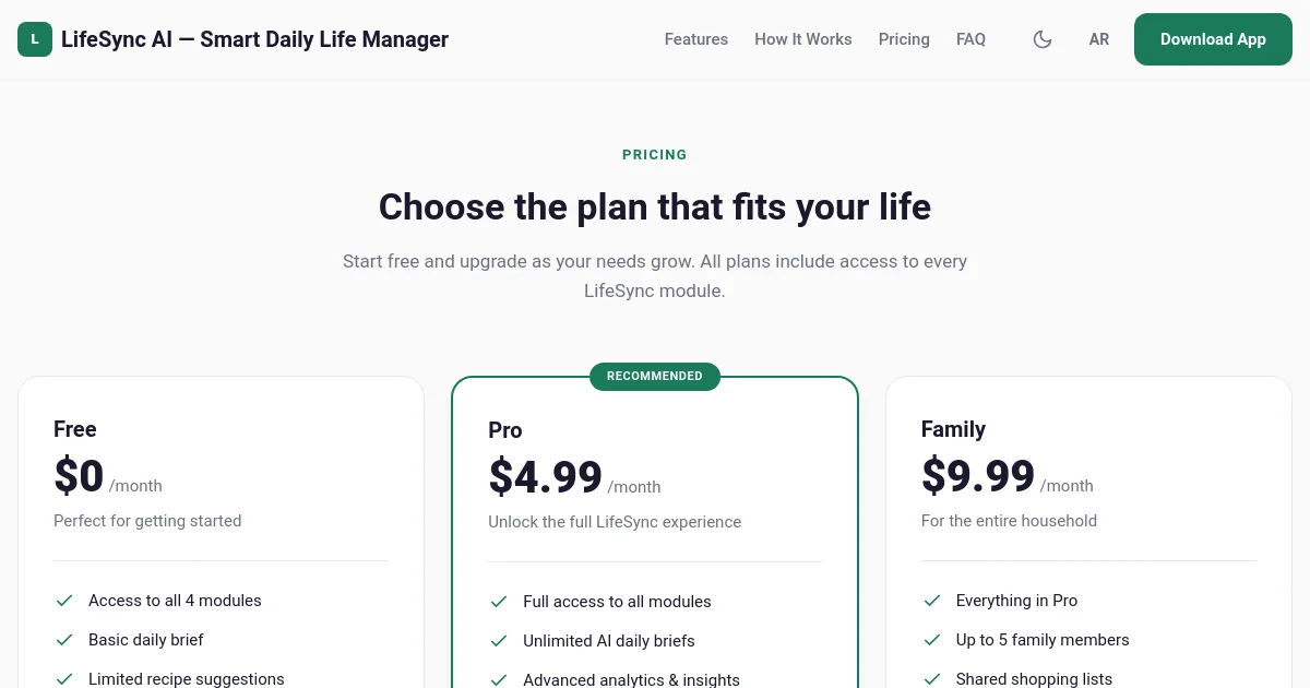 Life Sync pricing page