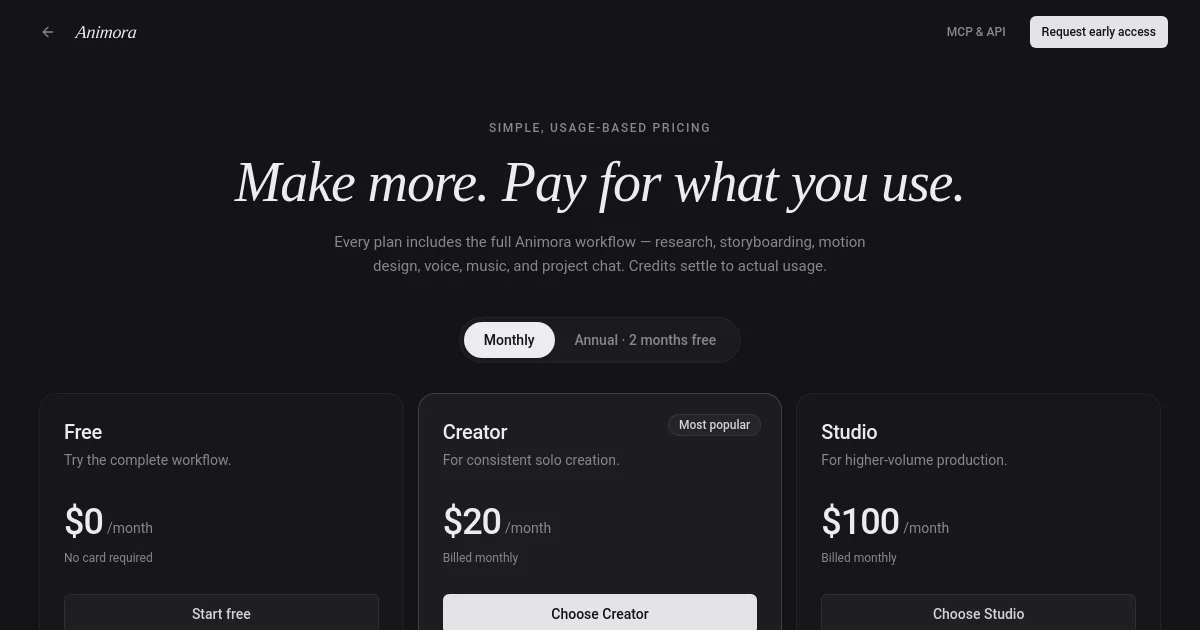 Animora pricing page