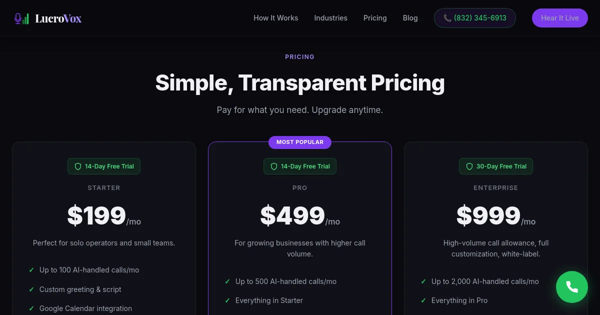 LucroVox pricing page
