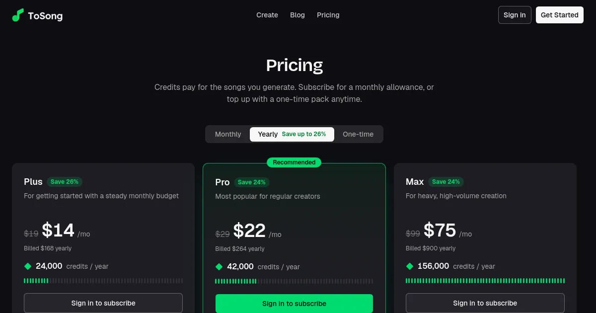 ToSong pricing page