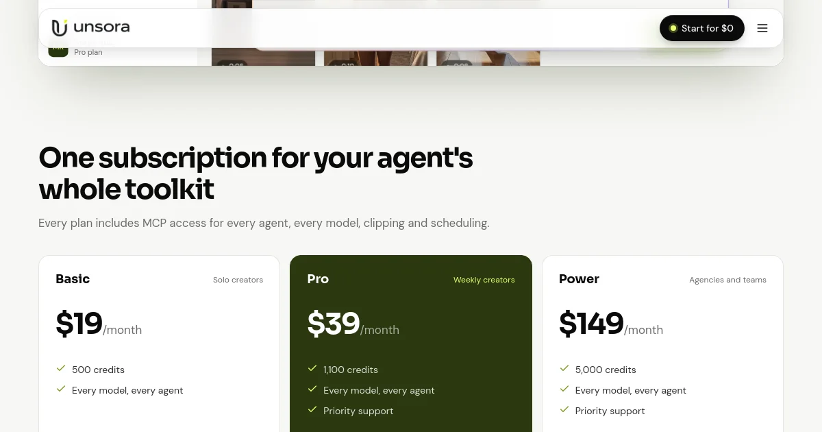 Unsora AI pricing page