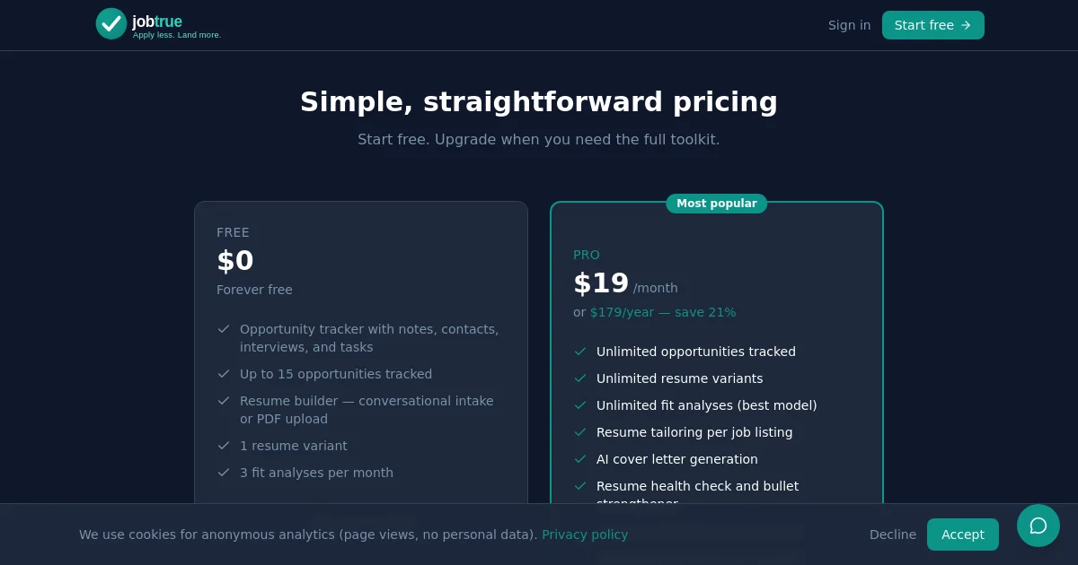 Jobtrue pricing page