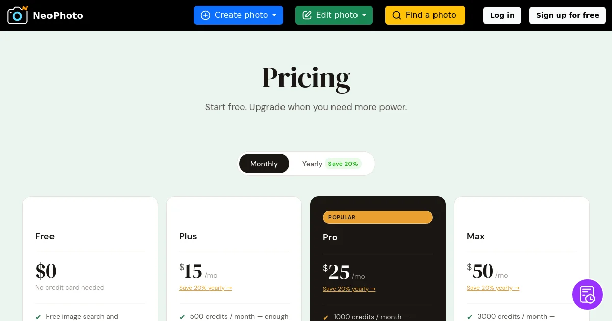 NeoPhoto AI pricing page