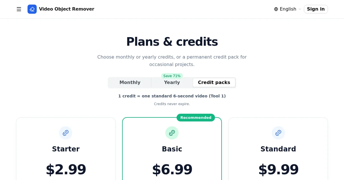 Video Object Remover pricing page