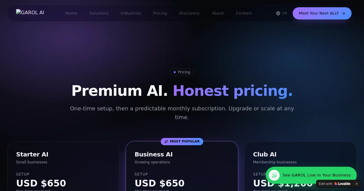 Garol pricing page