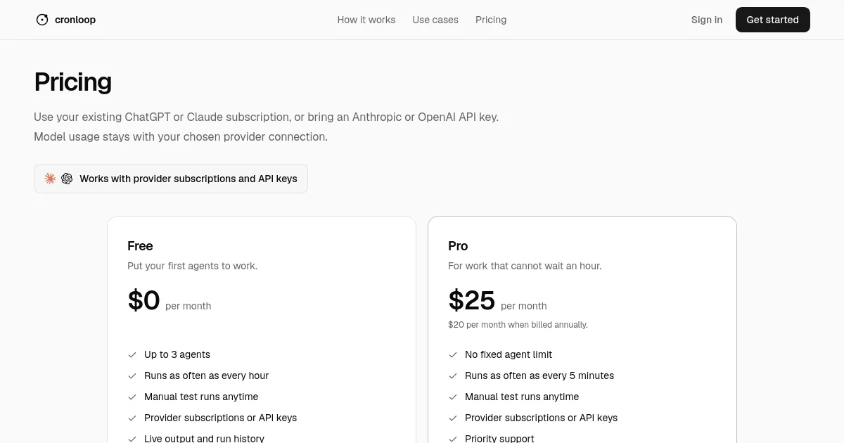 Cronloop pricing page