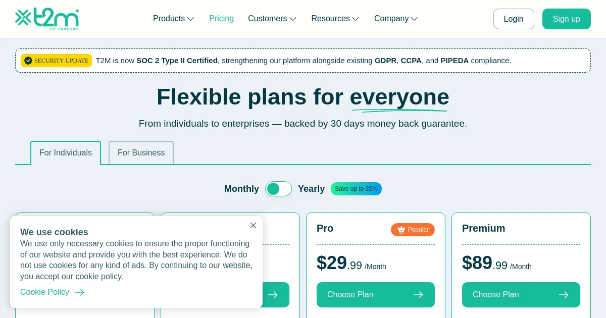 T2M URL Shortener pricing page