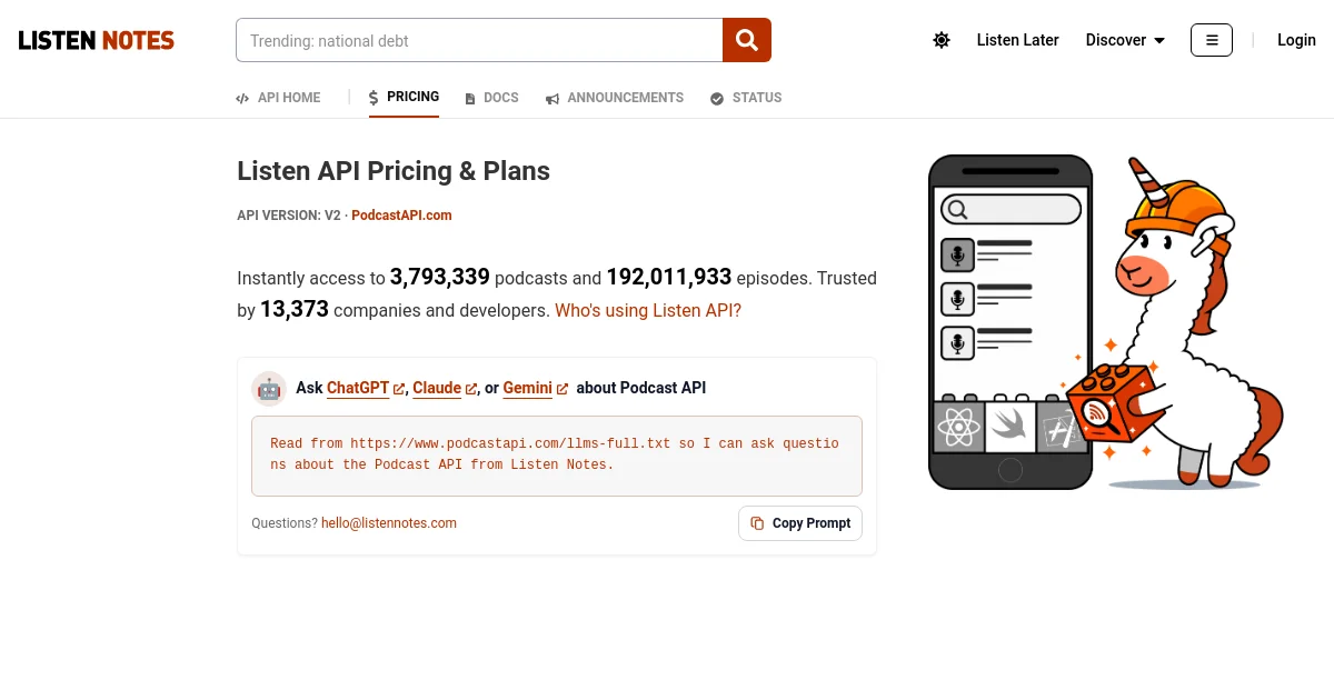 Listenapi pricing page