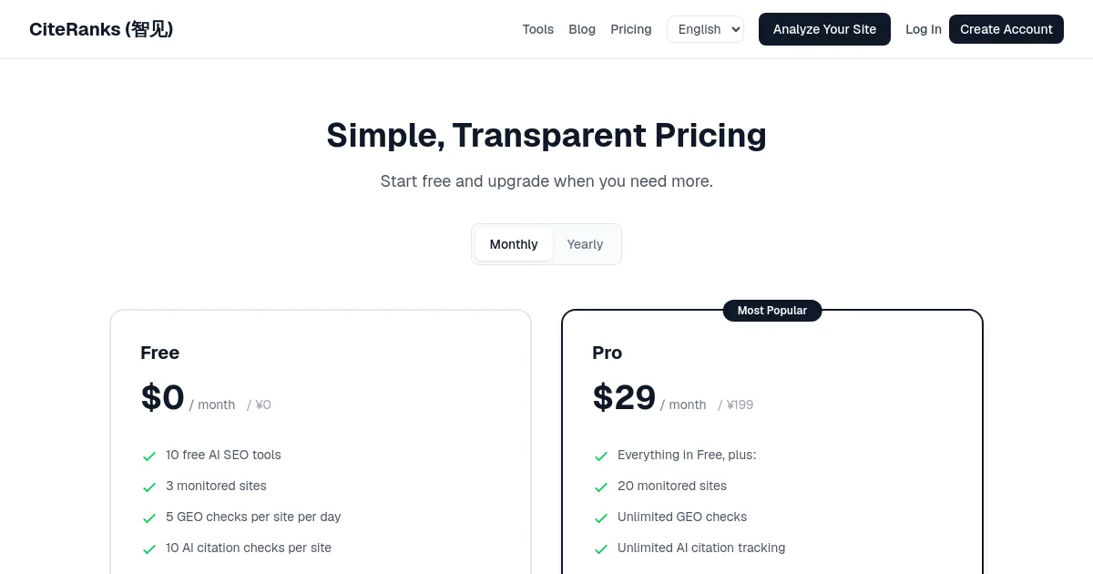 Citeranks pricing page