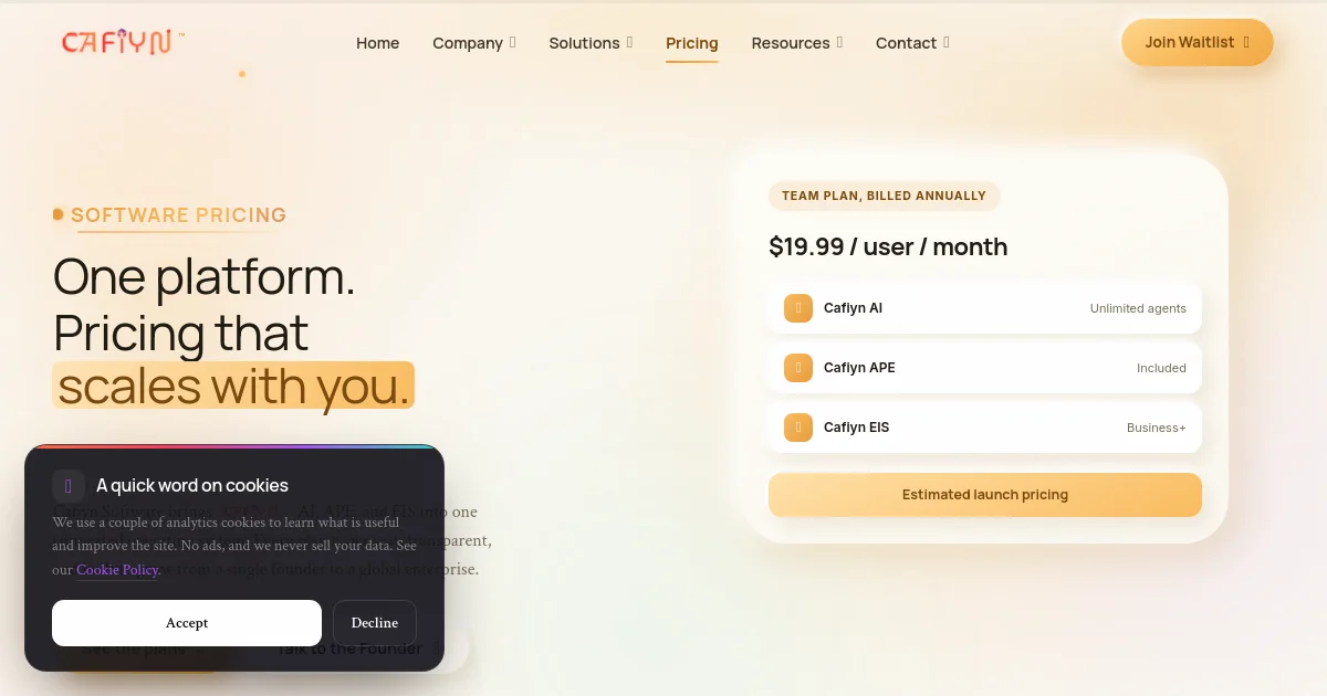 Cafiyn pricing page
