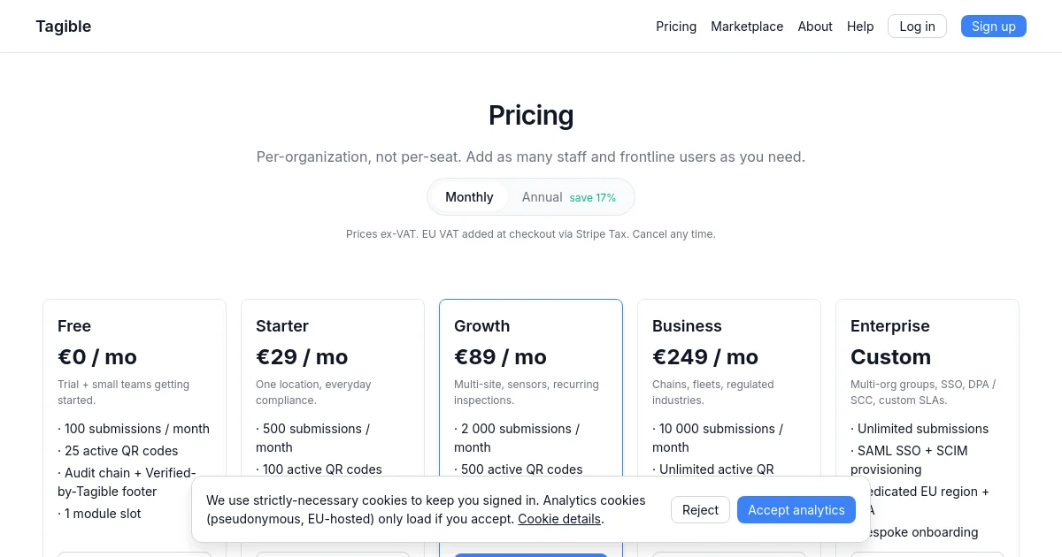 Tagible pricing page