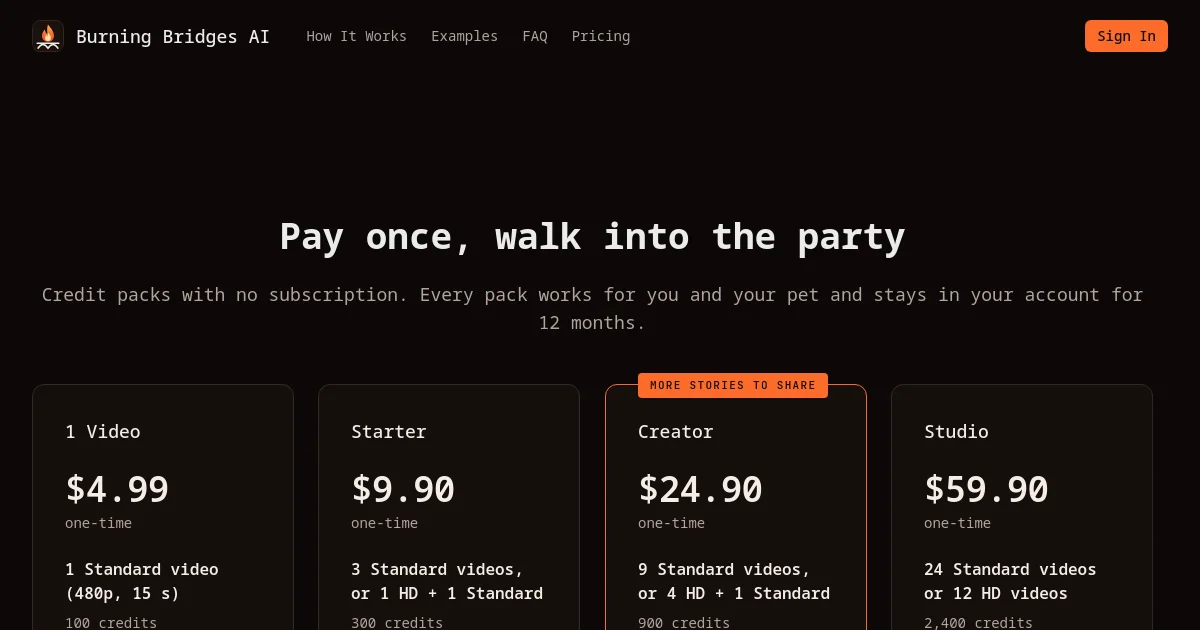 Burning Bridges AI pricing page