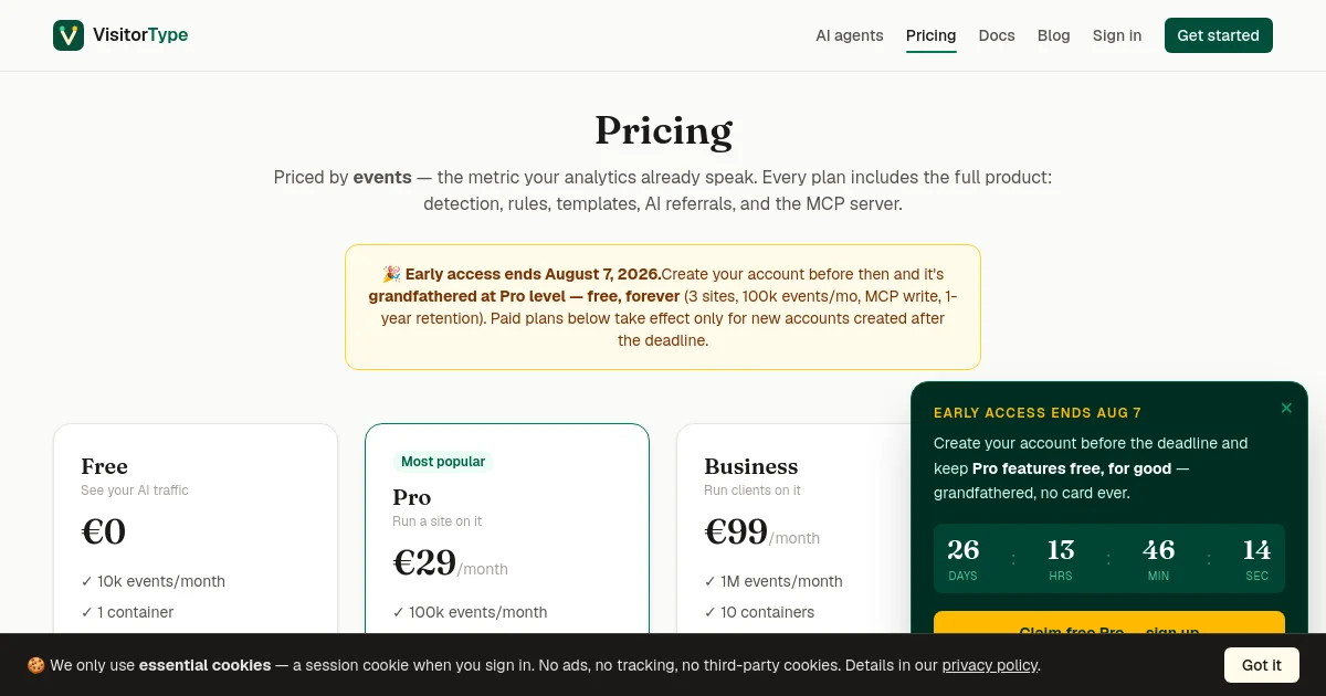 Visitortype pricing page