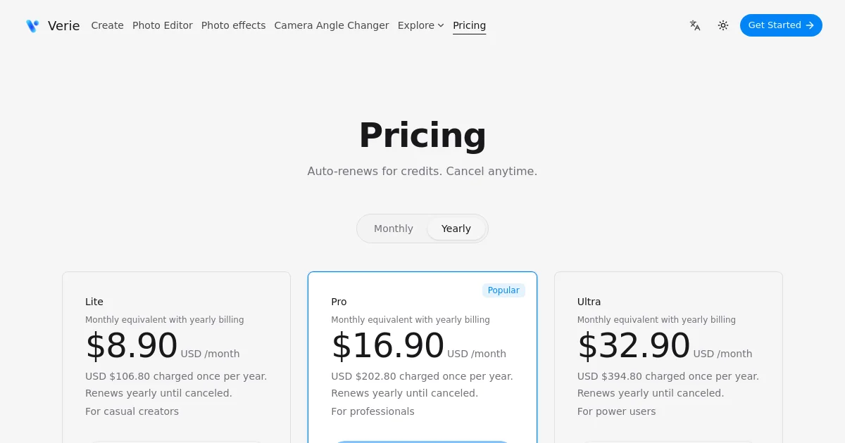 Verie pricing page