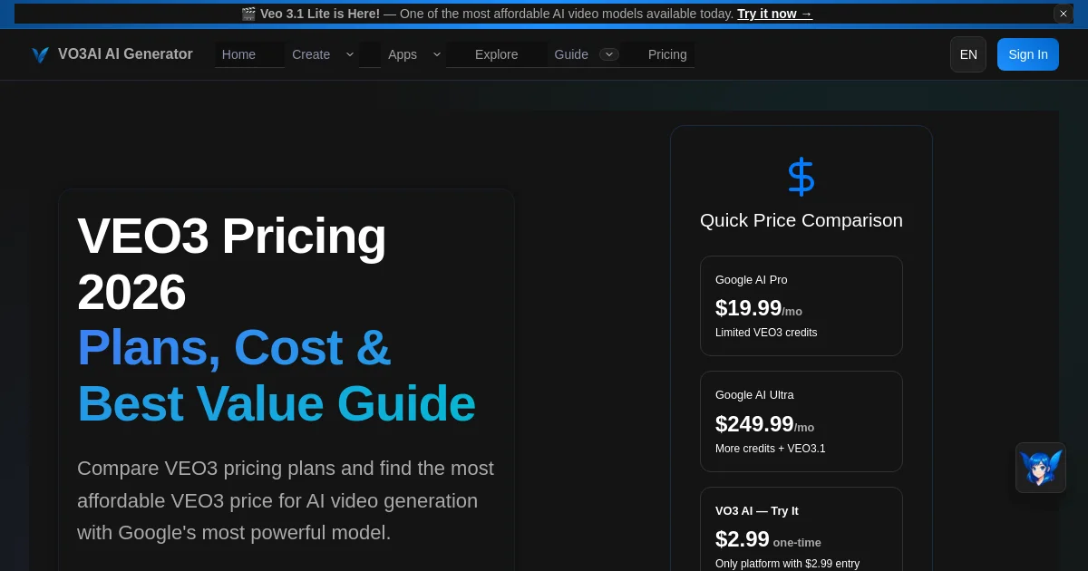 VO3 AI pricing page