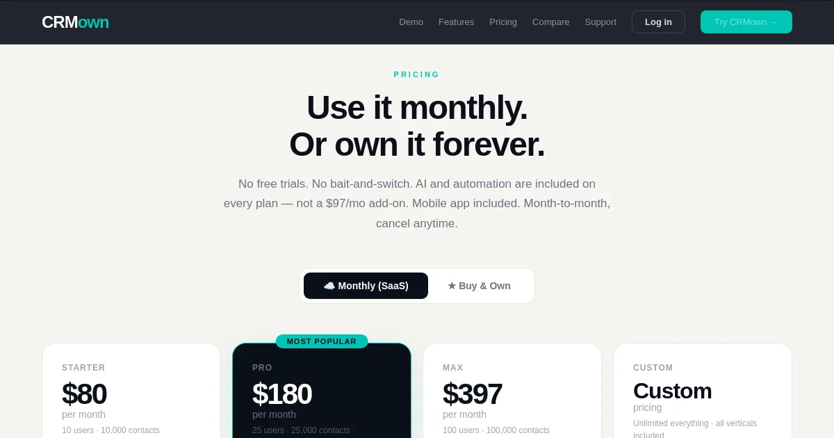 CRMown pricing page