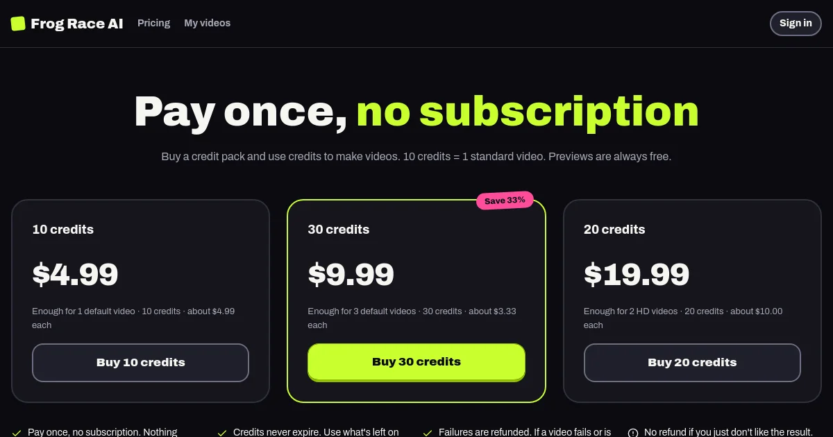 Crazy Frog AI pricing page