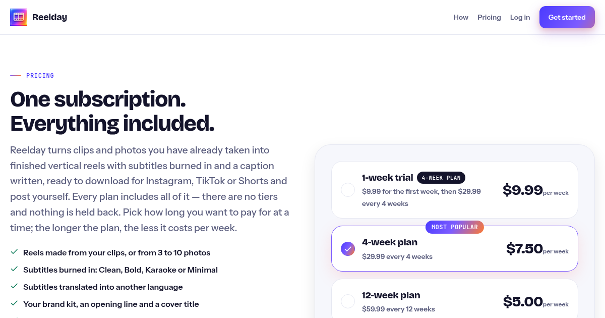 Reelday pricing page
