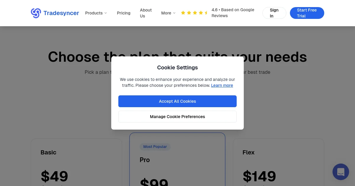 Tradesyncer pricing page