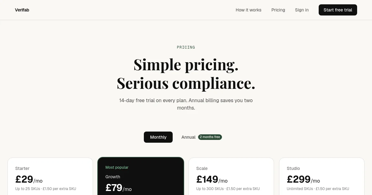 Verifab pricing page