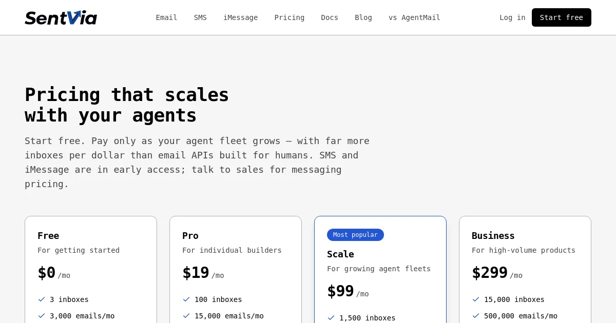 Sentvia pricing page