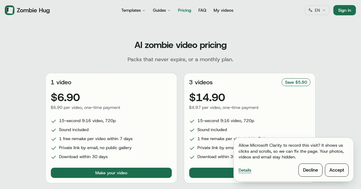 Zombie Hug pricing page