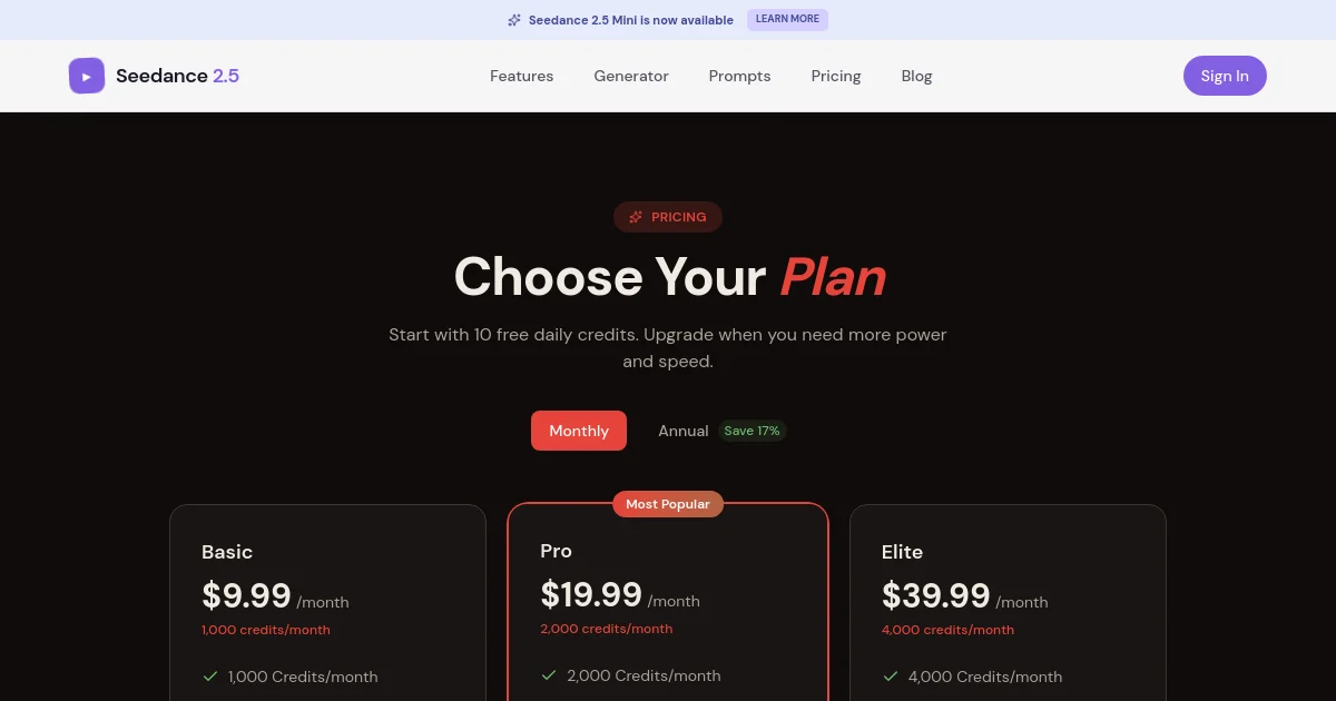 Seedance 2.5 pricing page