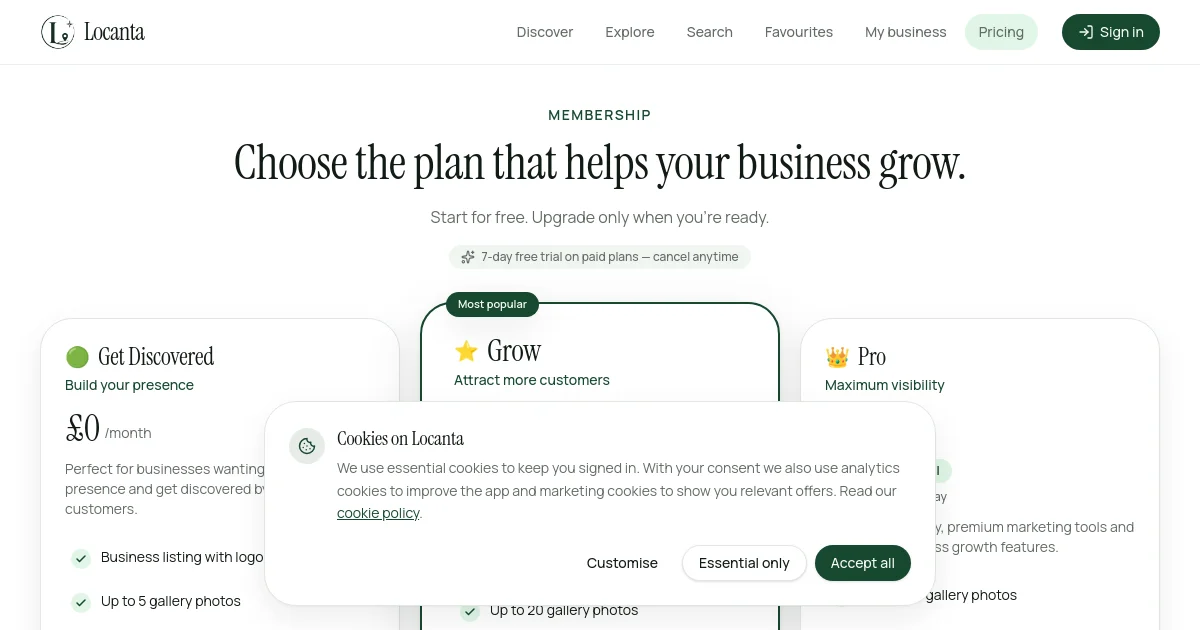 Discover Locanta pricing page