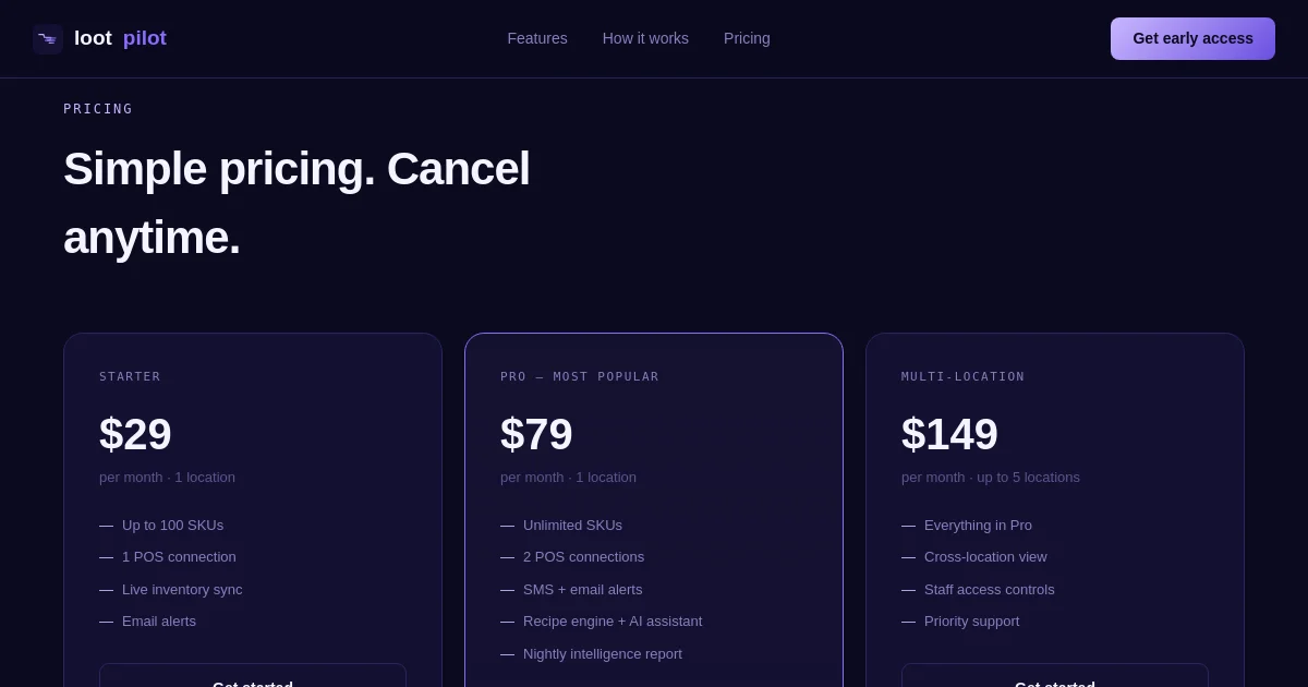 Lootpilot pricing page