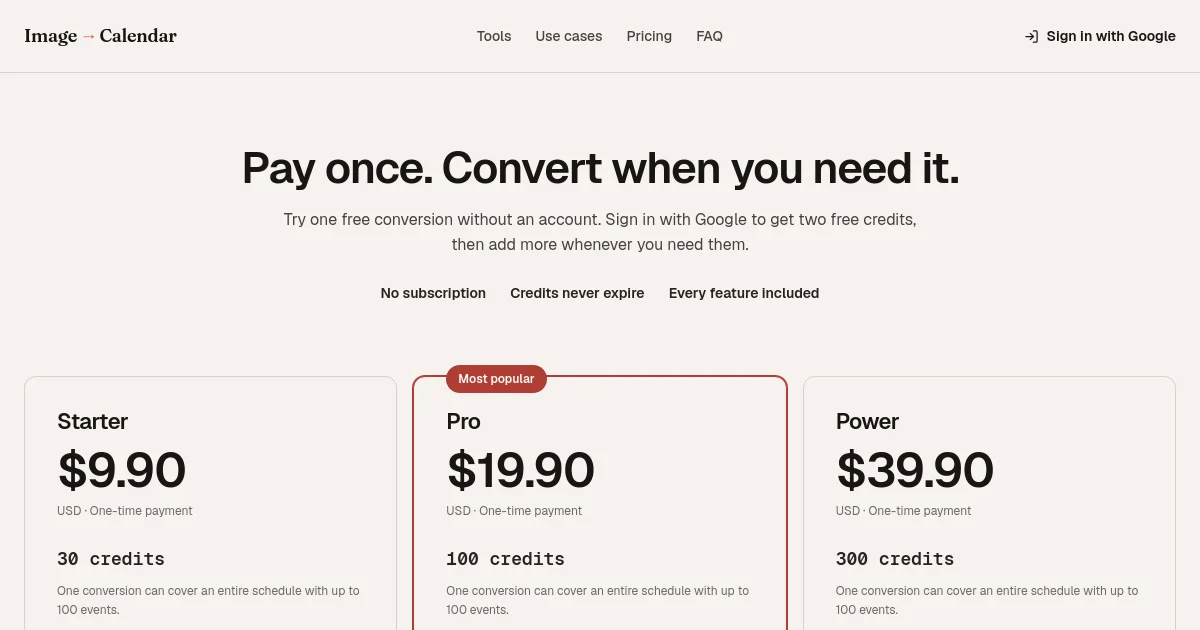 Image to Calendar pricing page