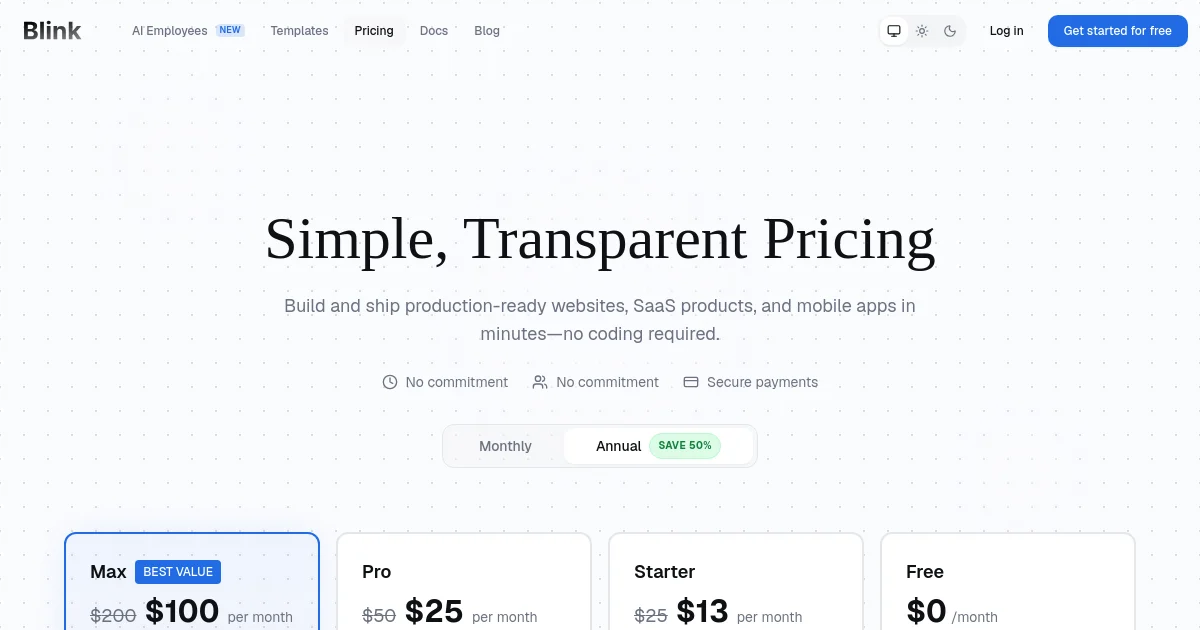 Blink pricing page