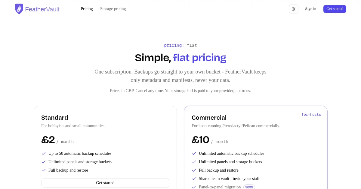 Feathervault pricing page