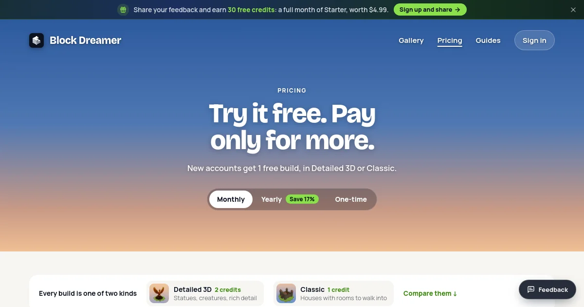 Block Dreamer pricing page