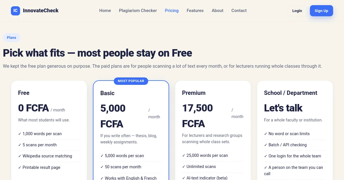 Innovatecheck pricing page