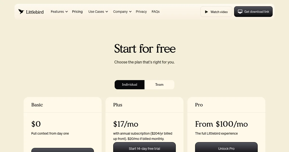 Littlebird pricing page