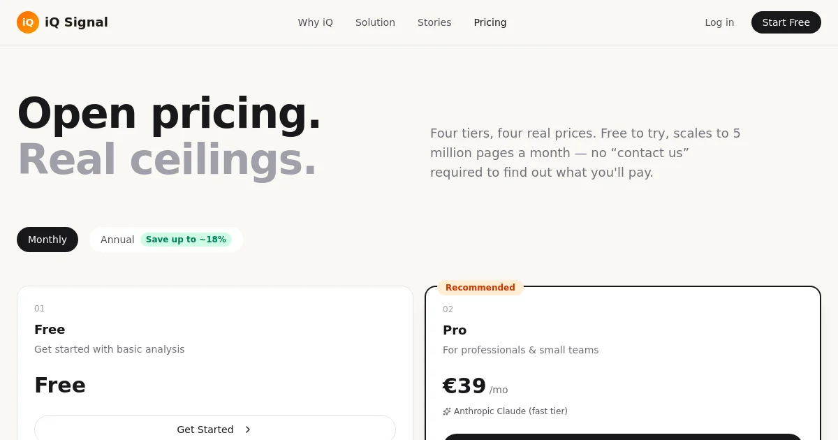 Iq Signal pricing page