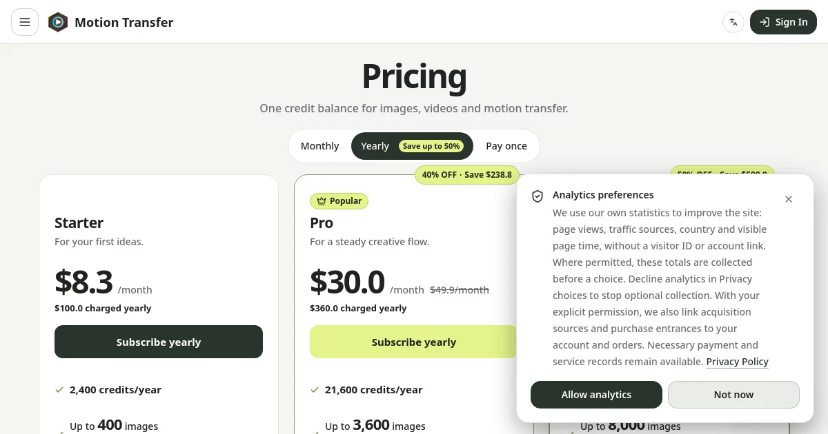 Motion Transfer pricing page