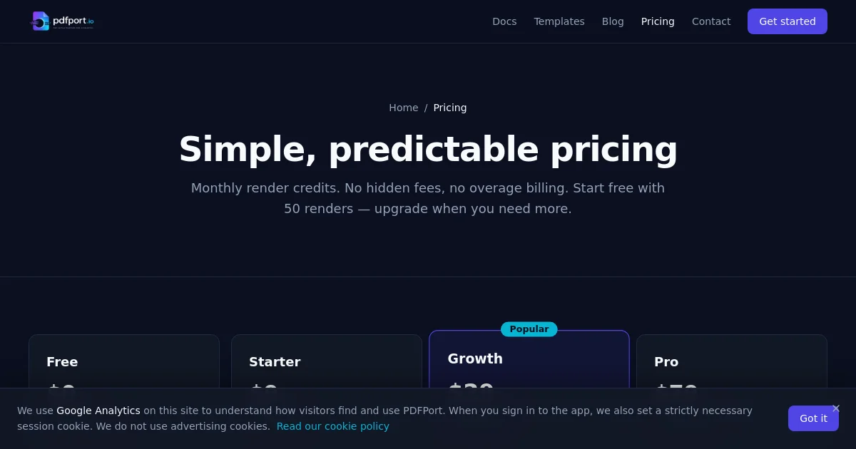 Pdfport pricing page