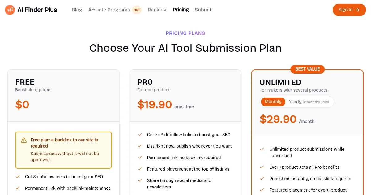 AI Finder Plus pricing page