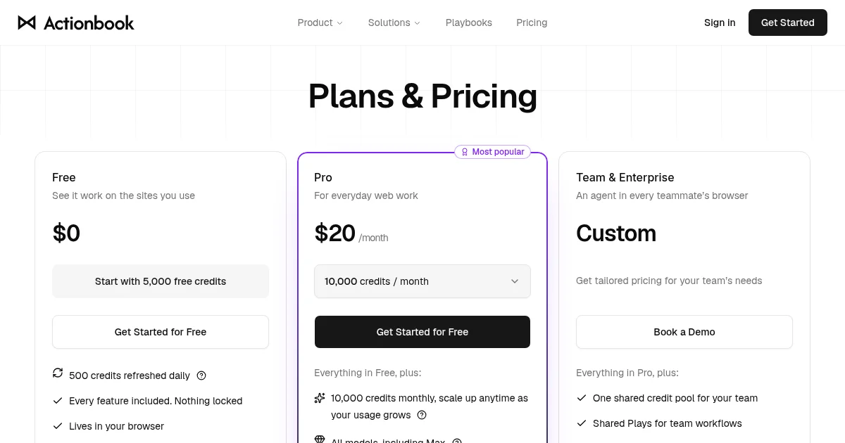 Actionbook pricing page