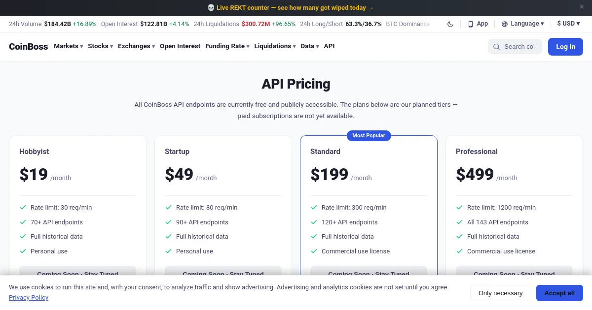 CoinBoss pricing page
