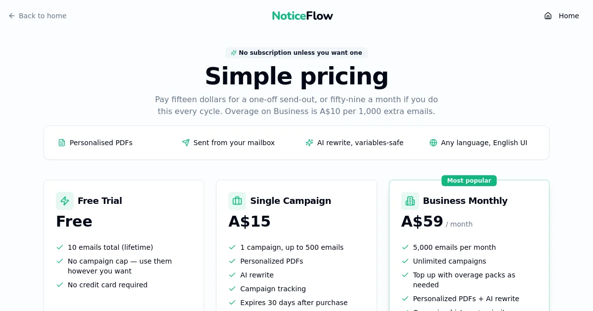 Noticeflow pricing page
