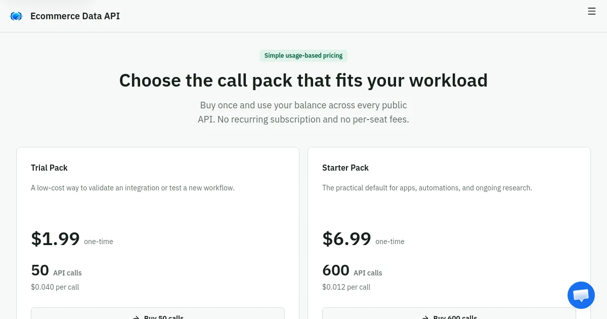 Ecommerce Data API pricing page