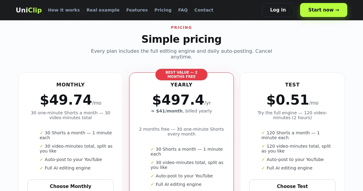 Uniclip pricing page