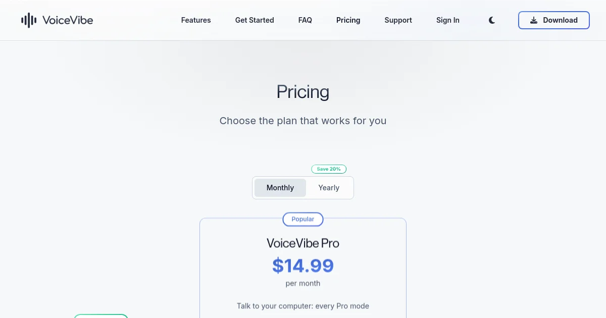 VoiceVibe pricing page