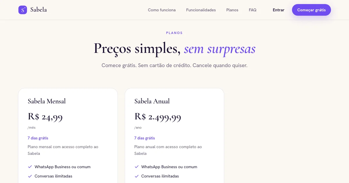 Sabela pricing page