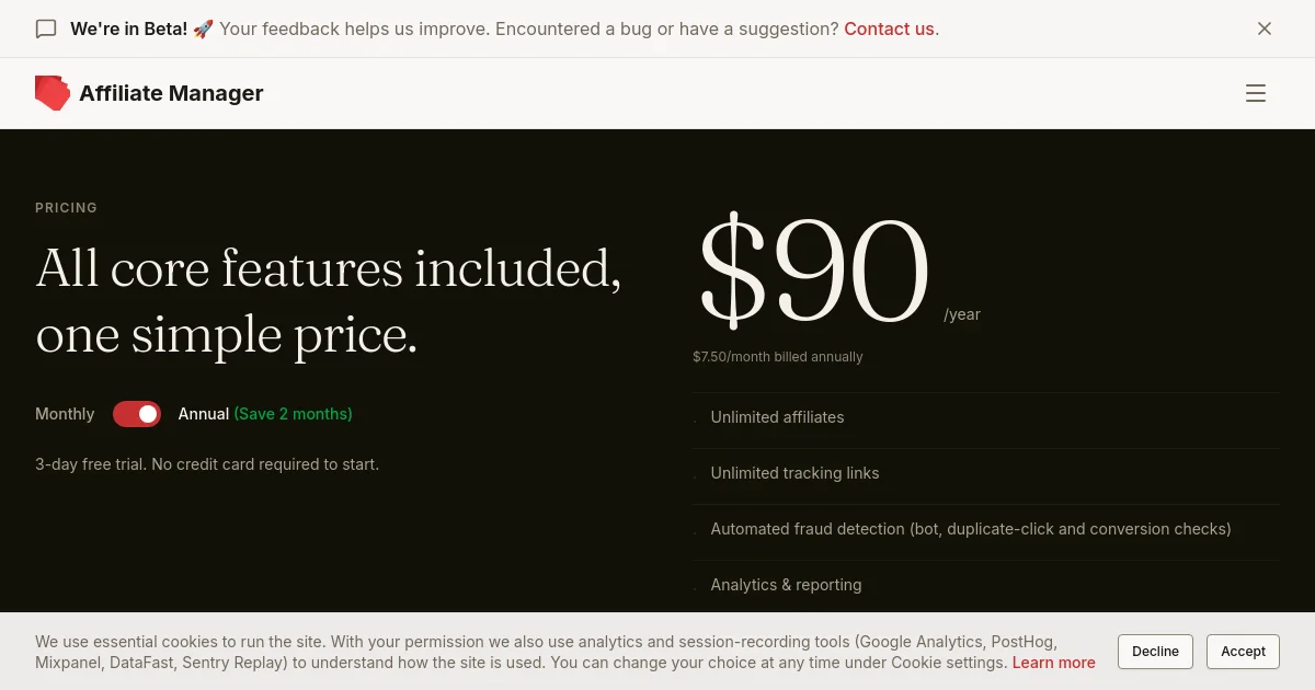 Affiliate Manager pricing page