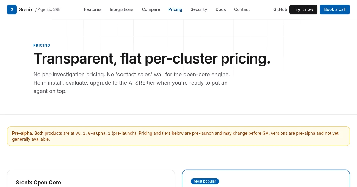 Srenix pricing page