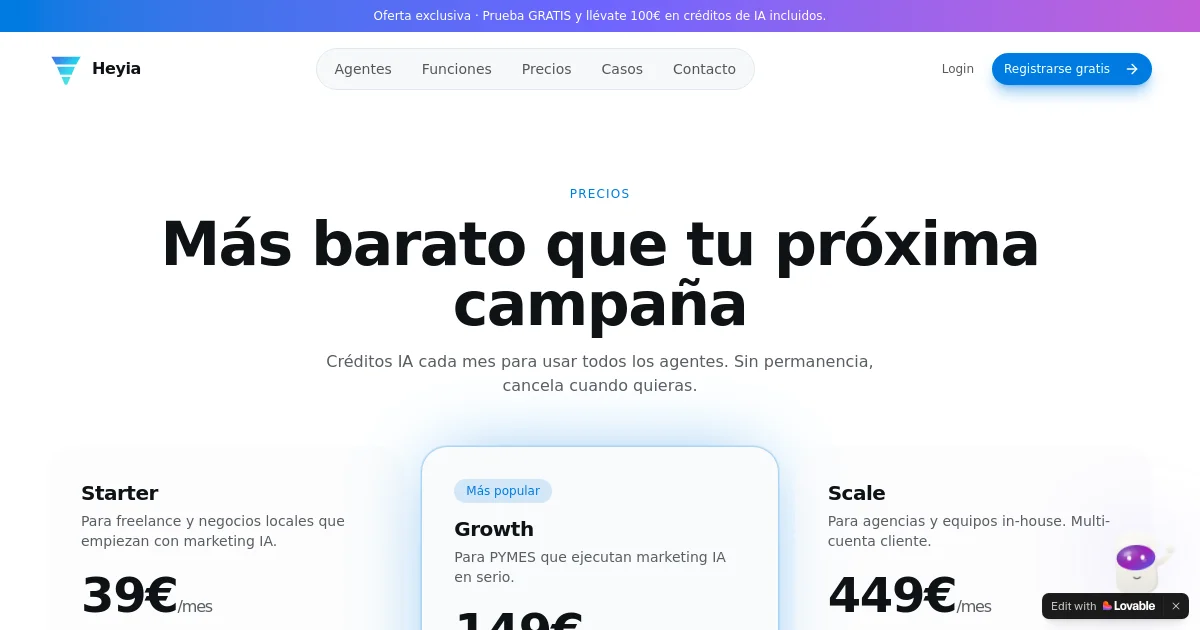 Heyia pricing page