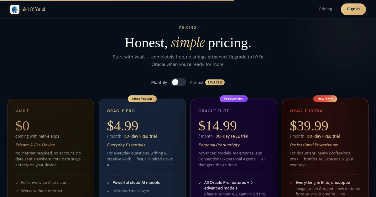 Hyya pricing page